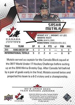 2019 Upper Deck Team Canada Juniors #4 Sasha Mutala Back