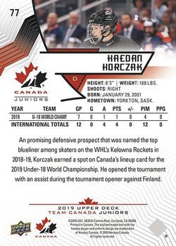 2019 Upper Deck Team Canada Juniors #77 Kaedan Korczak Back