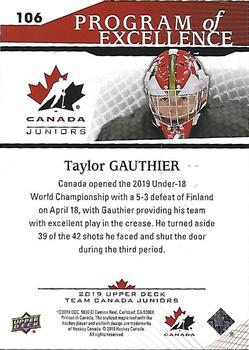 2019 Upper Deck Team Canada Juniors #106 Taylor Gauthier Back