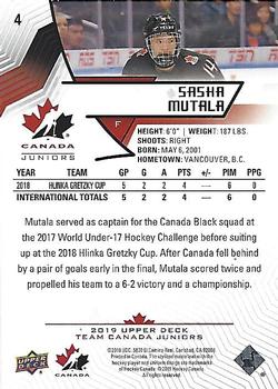 2019 Upper Deck Team Canada Juniors - Exclusives #4 Sasha Mutala Back