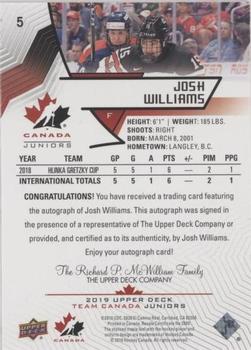 2019 Upper Deck Team Canada Juniors - Black Autographs #5 Josh Williams Back