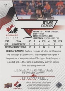2019 Upper Deck Team Canada Juniors - Black Autographs #11 Dylan Cozens Back