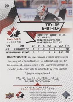 2019 Upper Deck Team Canada Juniors - Black Autographs #20 Taylor Gauthier Back
