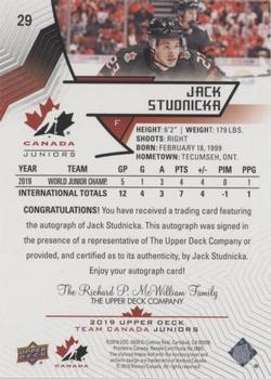 2019 Upper Deck Team Canada Juniors - Black Autographs #29 Jack Studnicka Back
