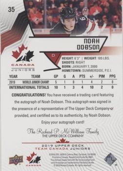 2019 Upper Deck Team Canada Juniors - Black Autographs #35 Noah Dobson Back