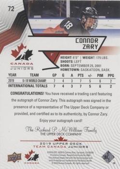 2019 Upper Deck Team Canada Juniors - Black Autographs #72 Connor Zary Back
