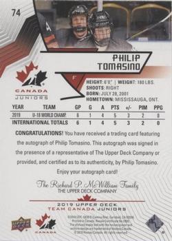 2019 Upper Deck Team Canada Juniors - Black Autographs #74 Philip Tomasino Back