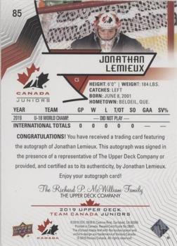 2019 Upper Deck Team Canada Juniors - Black Autographs #85 Jonathan Lemieux Back
