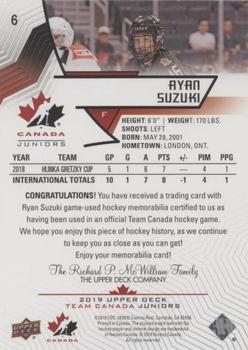 2019 Upper Deck Team Canada Juniors - Jersey Relics #6 Ryan Suzuki Back