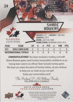 2019 Upper Deck Team Canada Juniors - Jersey Relics #24 Shane Bowers Back