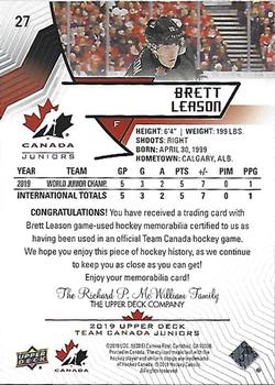 2019 Upper Deck Team Canada Juniors - Jersey Relics #27 Brett Leason Back