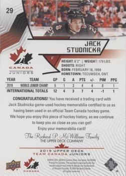 2019 Upper Deck Team Canada Juniors - Jersey Relics #29 Jack Studnicka Back