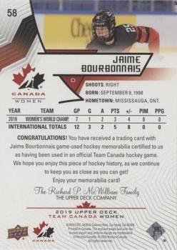 2019 Upper Deck Team Canada Juniors - Jersey Relics #58 Jaime Bourbonnais Back