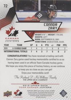 2019 Upper Deck Team Canada Juniors - Jersey Relics #72 Connor Zary Back