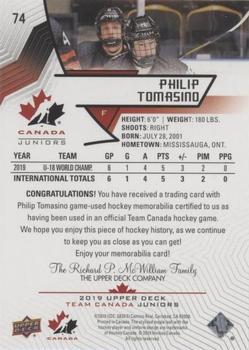 2019 Upper Deck Team Canada Juniors - Jersey Relics #74 Philip Tomasino Back