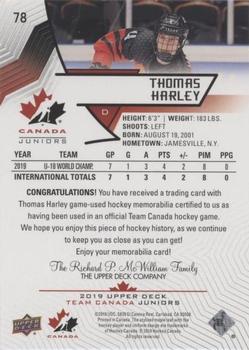 2019 Upper Deck Team Canada Juniors - Jersey Relics #78 Thomas Harley Back