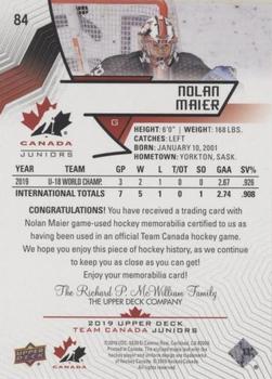 2019 Upper Deck Team Canada Juniors - Jersey Relics #84 Nolan Maier Back