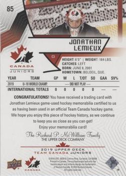 2019 Upper Deck Team Canada Juniors - Jersey Relics #85 Jonathan Lemieux Back
