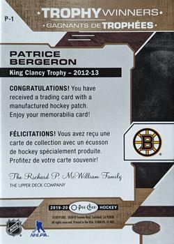 2019-20 O-Pee-Chee - Trophy Patches #P-1 Patrice Bergeron Back