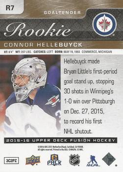 2015-16 Upper Deck Fusion - Fusion Rookie Achievement Gold #R7 Connor Hellebuyck Back