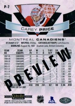 2019-20 O-Pee-Chee - O-Pee-Chee Platinum Preview #P-7 Carey Price Back