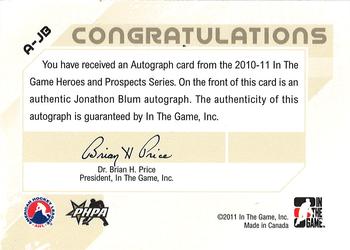 2015-16 In The Game Final Vault - 2010-11 In The Game Heroes and Prospects Autographs (Black Vault Stamp) #A-JB Jonathon Blum Back