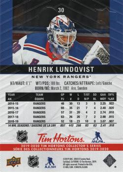 2019-20 Upper Deck Tim Hortons #30 Henrik Lundqvist Back