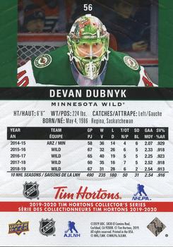 2019-20 Upper Deck Tim Hortons #56 Devan Dubnyk Back