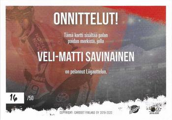 2019-20 Cardset Finland Series 1 - Signature Sensation Game Worn Jersey Series 1 Exchange #NNO Veli-Matti Savinainen Back