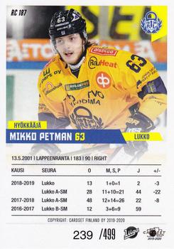 2019-20 Cardset Finland Series 1 - Rookie Series 1 #RC 187 Mikko Petman Back