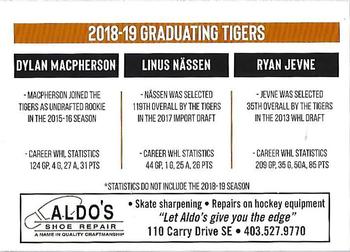 2018-19 Medicine Hat Tigers (WHL) #NNO Dylan MacPherson / Linus Nassen / Ryan Jevne Back