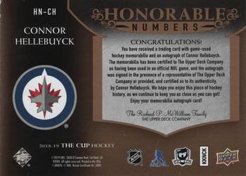 2018-19 Upper Deck The Cup - Honorable Numbers Autograph Patch #HN-CH Connor Hellebuyck Back