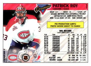 1993-94 Topps Premier - Pre-Production Samples #1 Patrick Roy Back