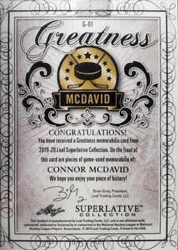 2019-20 Leaf Superlative Collection - Greatness Dual Relics - Gold #G-01 Connor McDavid Back