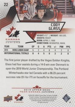 2019 Upper Deck Team Canada Juniors - Blue #22 Cody Glass Back