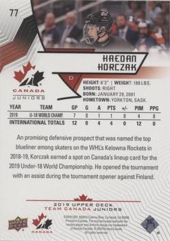 2019 Upper Deck Team Canada Juniors - Blue #77 Kaedan Korczak Back