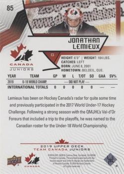 2019 Upper Deck Team Canada Juniors - Blue #85 Jonathan Lemieux Back