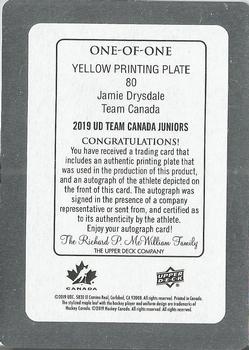 2019 Upper Deck Team Canada Juniors - Printing Plates Yellow #80 Jamie Drysdale Back