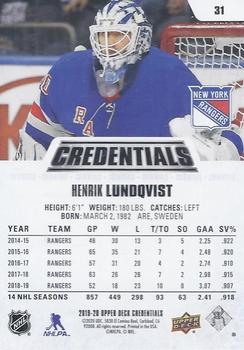 2019-20 Upper Deck Credentials #31 Henrik Lundqvist Back