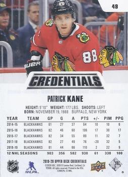 2019-20 Upper Deck Credentials #49 Patrick Kane Back