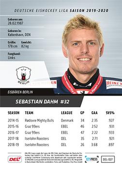 2019-20 Playercards (DEL) #DEL-027 Sebastian Dahm Back