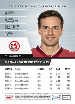 2019-20 Playercards (DEL) #DEL-077 Mathias Niederberger Back