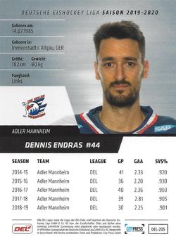 2019-20 Playercards (DEL) #DEL-205 Dennis Endras Back