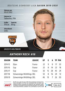 2019-20 Playercards (DEL) #DEL-352 Anthony Rech Back