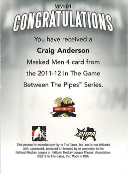 2015-16 In The Game Final Vault - 2011-12 In The Game Between The Pipes Masked Men IV Silver (Green Vault) #MM-01 Craig Anderson Back