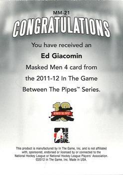 2015-16 In The Game Final Vault - 2011-12 In The Game Between The Pipes Masked Men IV Silver (Green Vault) #MM-21 Ed Giacomin Back