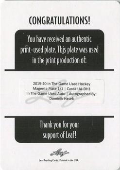 2019-20 Leaf In The Game Used - Autographs - Printing Plates Magenta #UA-DH1 Dominik Hasek Back