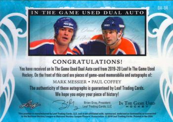 2019-20 Leaf In The Game Used - Dual Autographs - Bronze Spectrum Foil #DA-04 Mark Messier / Paul Coffey Back