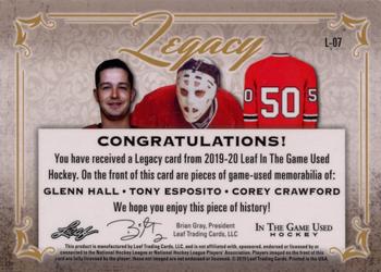 2019-20 Leaf In The Game Used - Legacy - Red Spectrum Foil #L-07 Glenn Hall / Tony Esposito / Corey Crawford Back