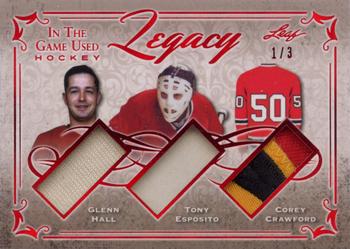 2019-20 Leaf In The Game Used - Legacy - Red Spectrum Foil #L-07 Glenn Hall / Tony Esposito / Corey Crawford Front